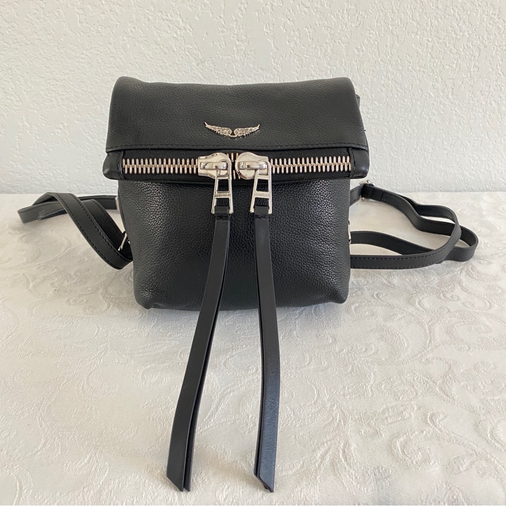 Black Leather Mini Backpack With Silver Details - image 2